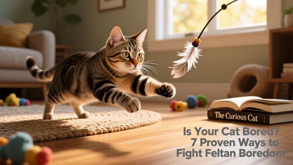 Cat intensely focused on a feather wand toy, mid-pounce