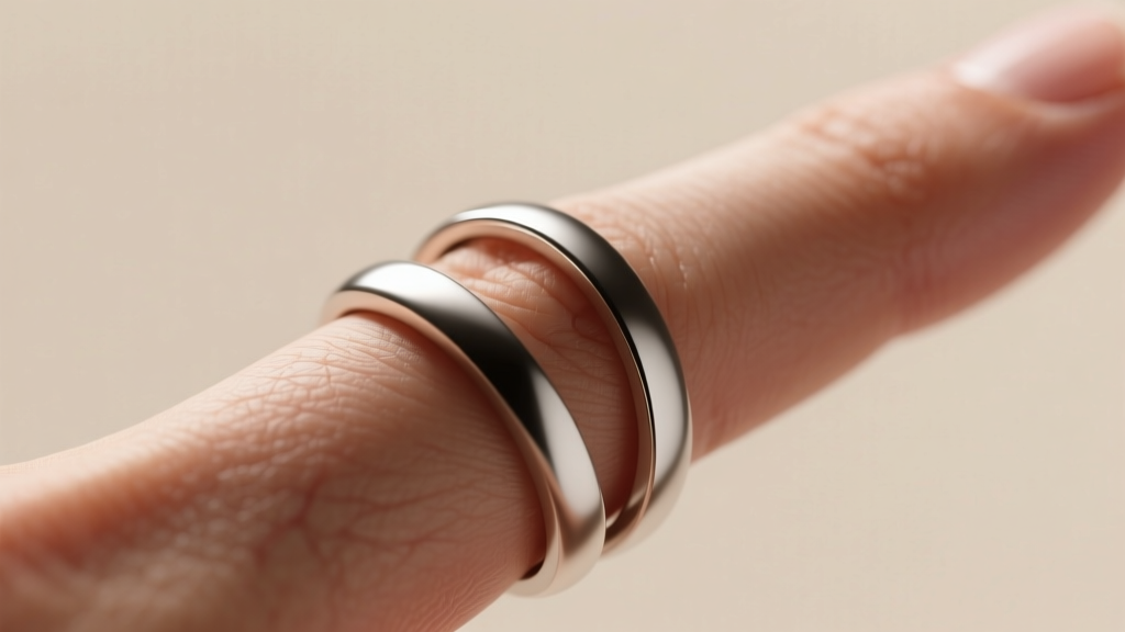 Side profile of an ergonomic double ring with an open-back shank, demonstrating proper knuckle clearance on a bare human finger.