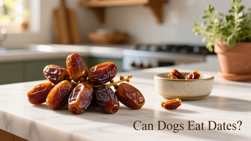 A close-up of fresh, plump dates arranged on a clean surface next to a small dog bowl