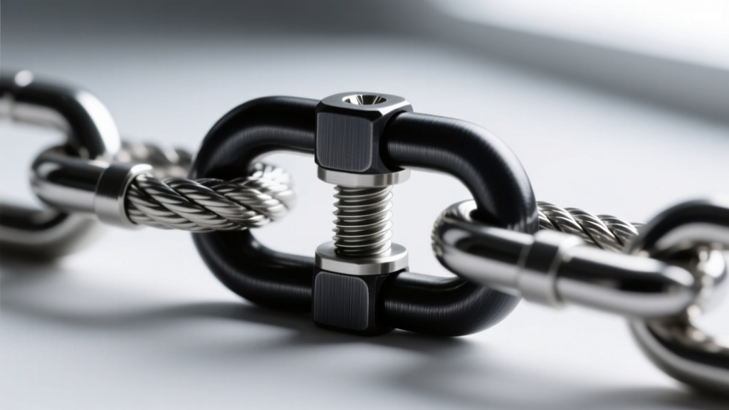 Macro shot of a 316L stainless steel rope chain clasp, highlighting a secure screw-in barrel mechanism and a dark brushed finish