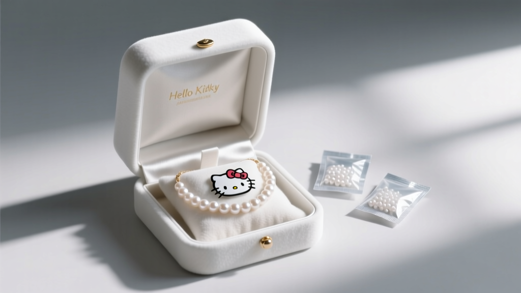 A neatly organized jewelry box showing a Hello Kitty pearl choker stored in an anti-tarnish flannel pouch next to silica packets