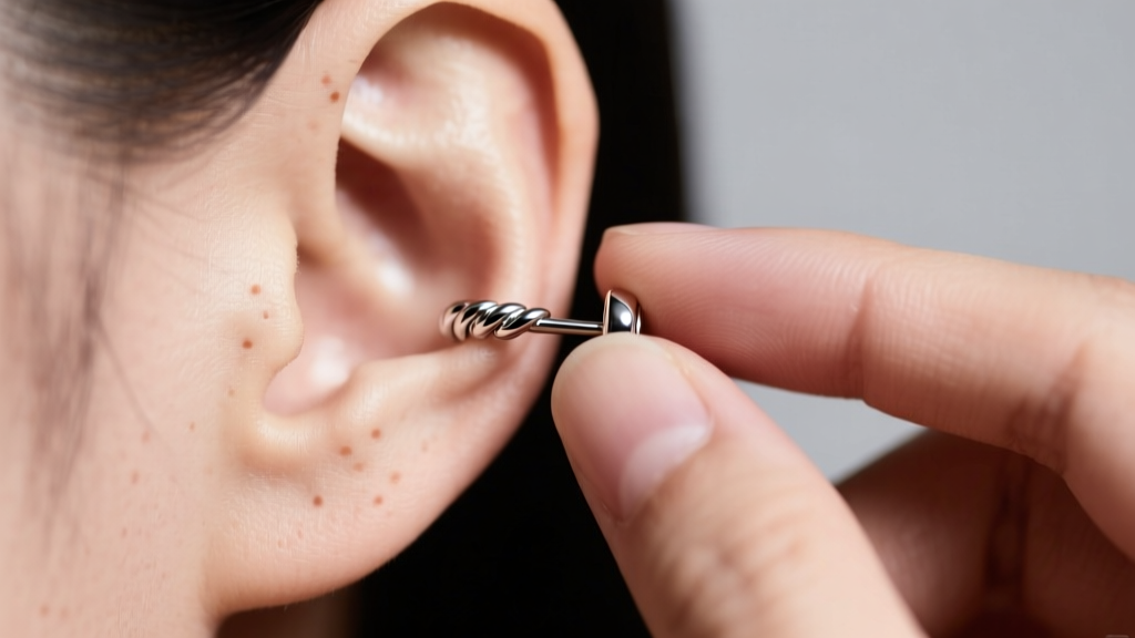 Close-up of a person gently screwing a platinum twist back earring onto their earlobe, showing the secure fit and bright polish.