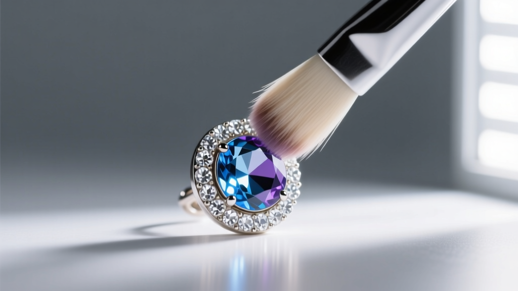 Close-up of a soft bristle brush gently cleaning a rhinestone pavé button earring under a bright LED magnification lamp in a studio.