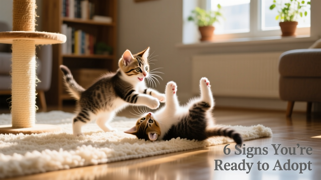 Two kittens wrestling playfully on a soft rug near a cat tree