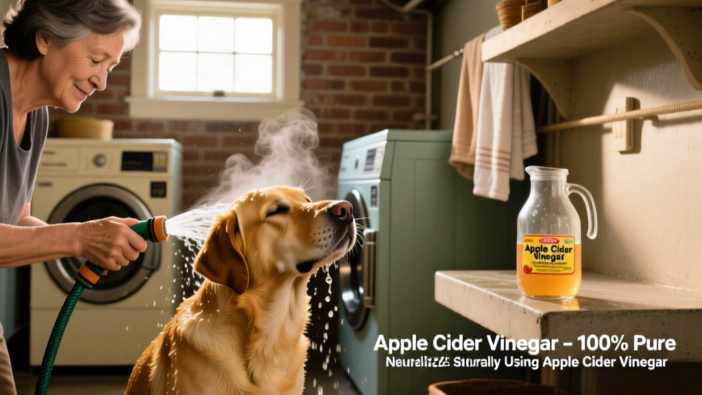 A person gently rinsing a dog’s coat with a hose in a basement utility area, holding a jug of apple cider vinegar nearby
