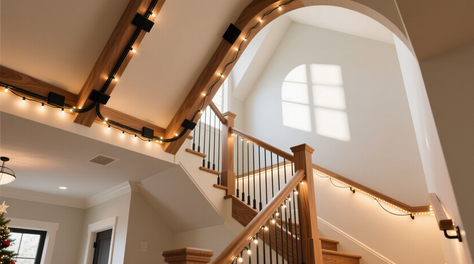 how to hide christmas light cords on vaulted ceilings and stair railings