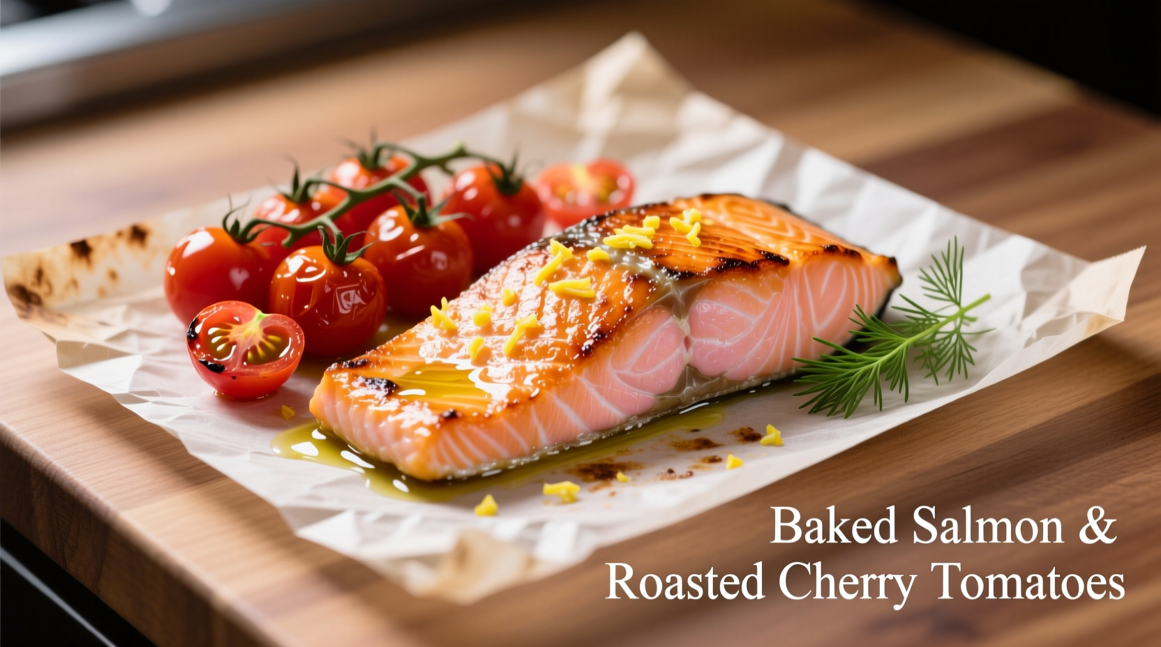 Baked salmon with roasted cherry tomatoes on parchment paper
