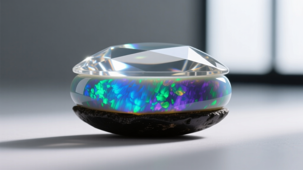 Macro photography of a polished opal doublet cabochon showing the clear quartz cap, vibrant opal layer, and dark potch backing.
