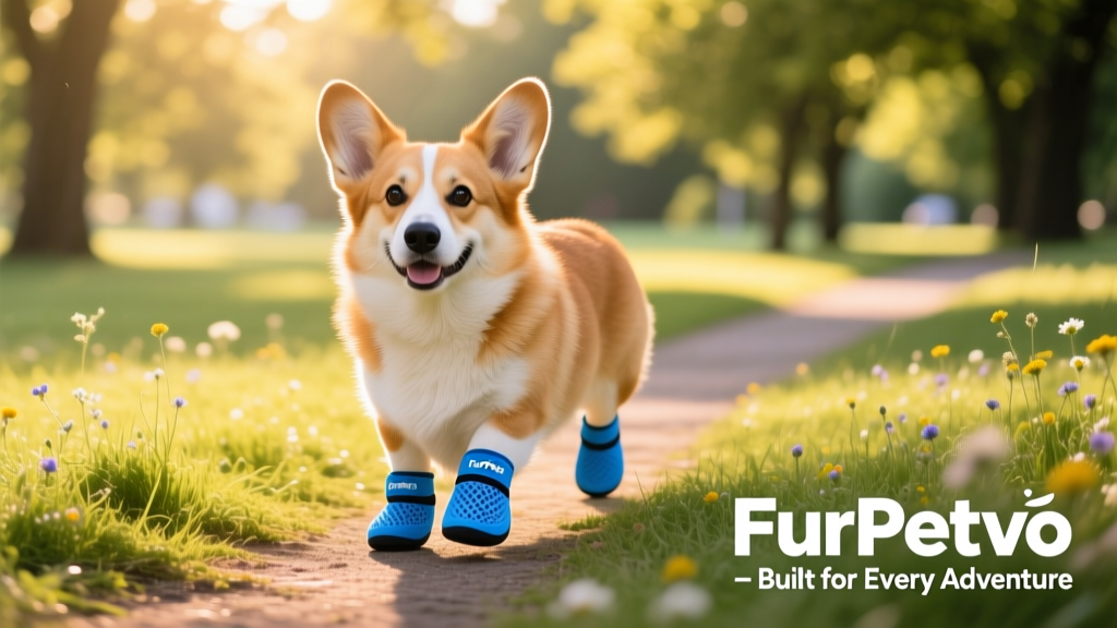 Corgi wearing blue FurPetVo summer dog shoes on a sunlit grassy path