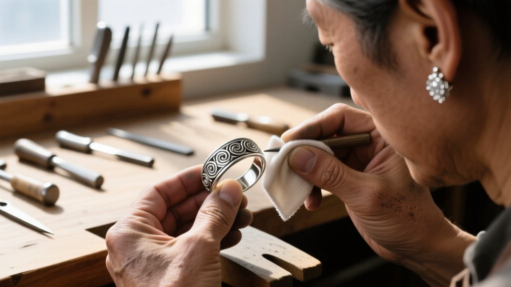 Close-up of a jeweler gently polishing a heavy cast pure silver ear cuff with a microfiber cloth in a well-lit workshop.