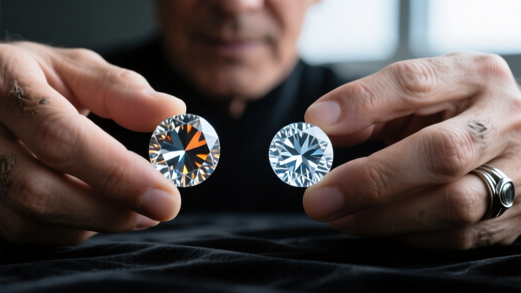Macro shot of a natural diamond and lab-grown diamond side-by-side under a jeweler's loupe, illuminated by bright, cool LED lights.