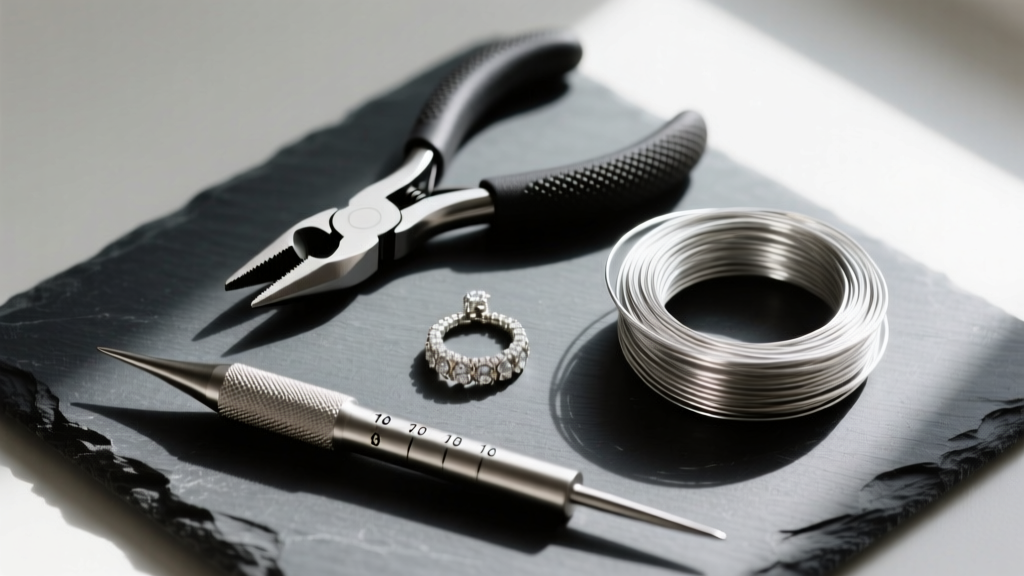 Overhead view of jewelry tools including nylon pliers, a steel mandrel, and coils of 18-gauge sterling silver wire on dark slate