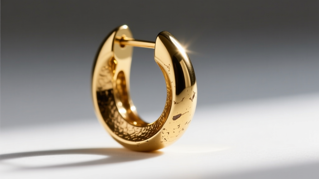 Close-up of a streetwear earring post showing the boundary between gold PVD plating and exposed brass base metal under a loupe