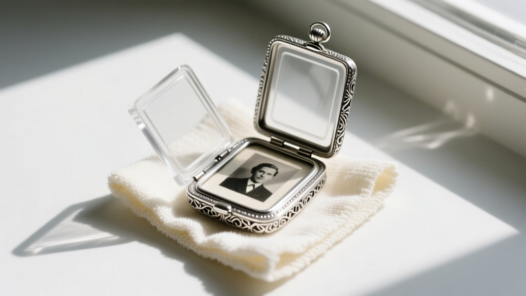 Overhead view of an open sterling silver photo locket showing a faded picture, clear protective covers, and a soft polishing cloth