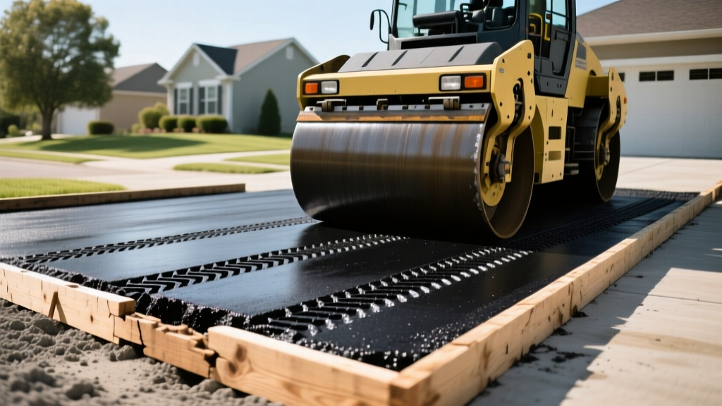 Heavy roller compacting fresh blacktop asphalt beside wooden formwork for a newly poured concrete driveway in a suburban setting