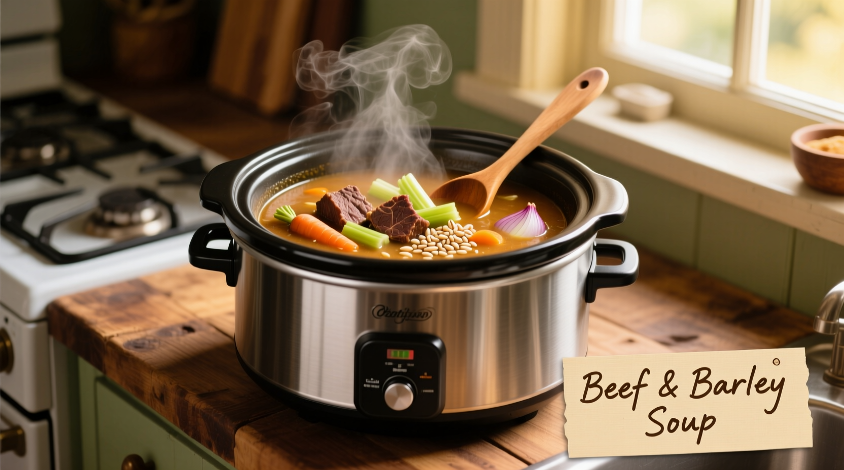 hearty beef and barley soup made in a slow cooker