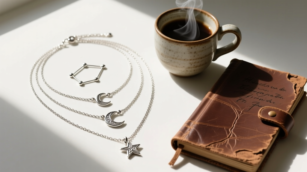 Flat lay of layered sterling silver necklaces with celestial charms styled next to a coffee cup and a worn leather journal.