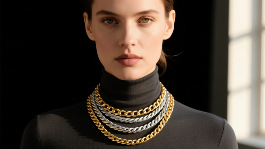 Close-up of a model wearing layered mixed-metal 14k gold and sterling silver cable chains against a dark charcoal turtleneck.