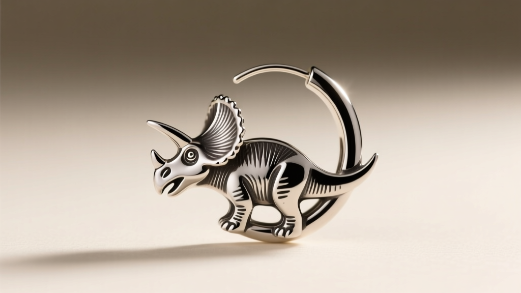 Sterling silver Triceratops hoop earring with oxidized details gently brushed with a soft toothbrush under warm studio lighting