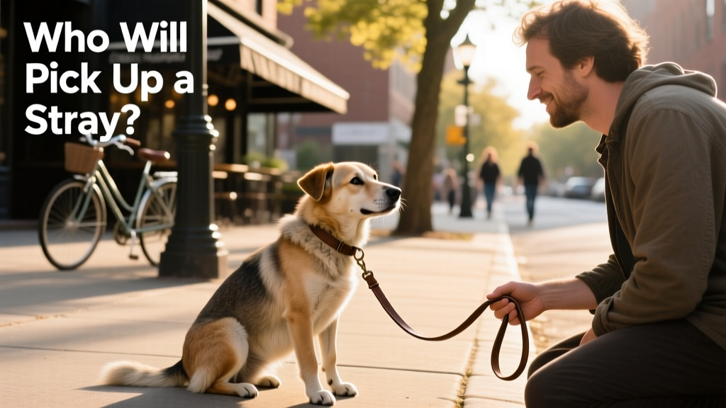 A calm, friendly stray dog sitting safely beside a person on a sidewalk, with a leash loosely held