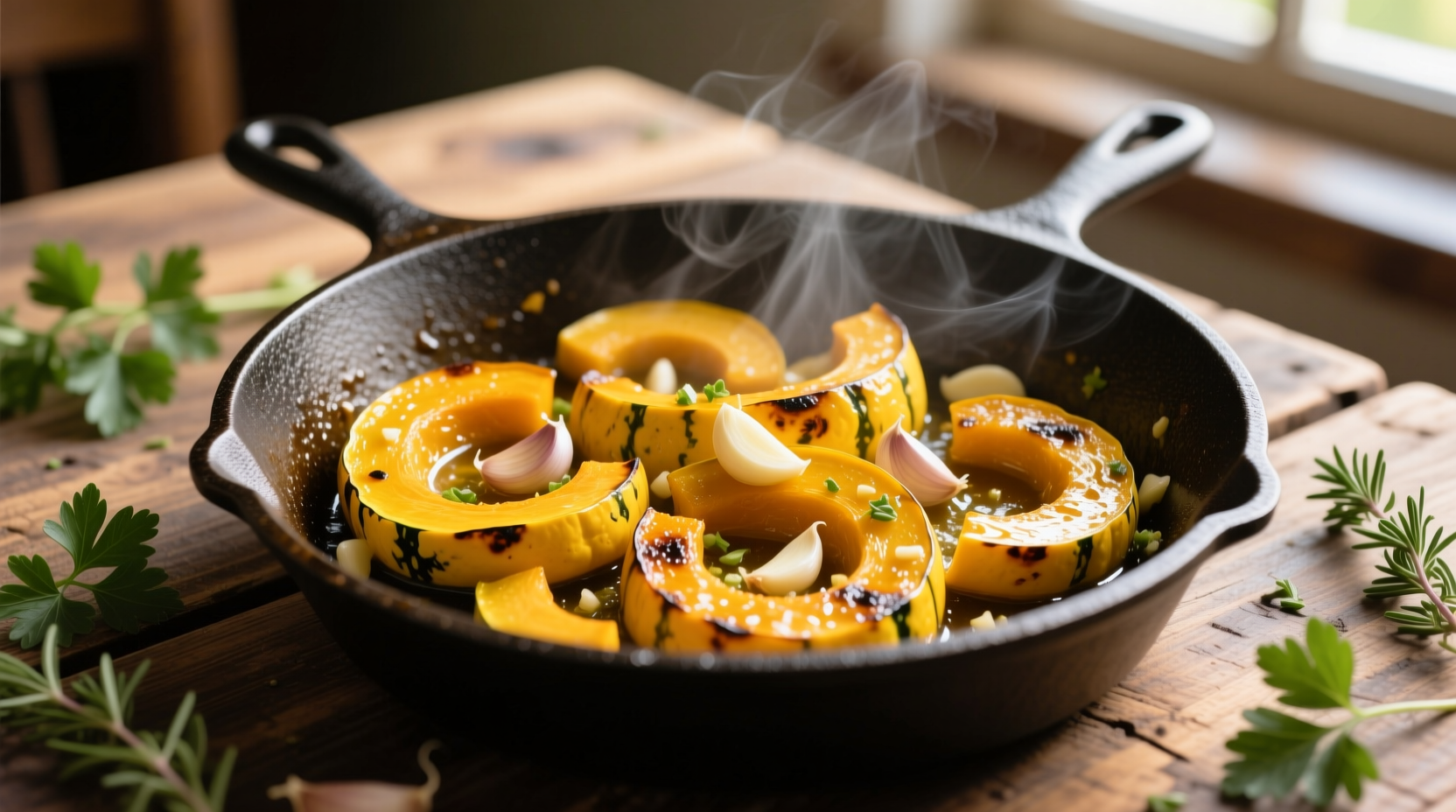Golden yellow squash sautéed with garlic in cast iron skillet