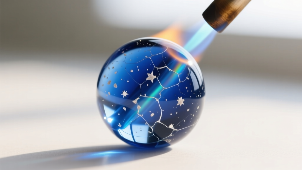 Macro shot of a borosilicate glass bead shaped with a torch, revealing pet ash specks suspended in a deep blue glass matrix