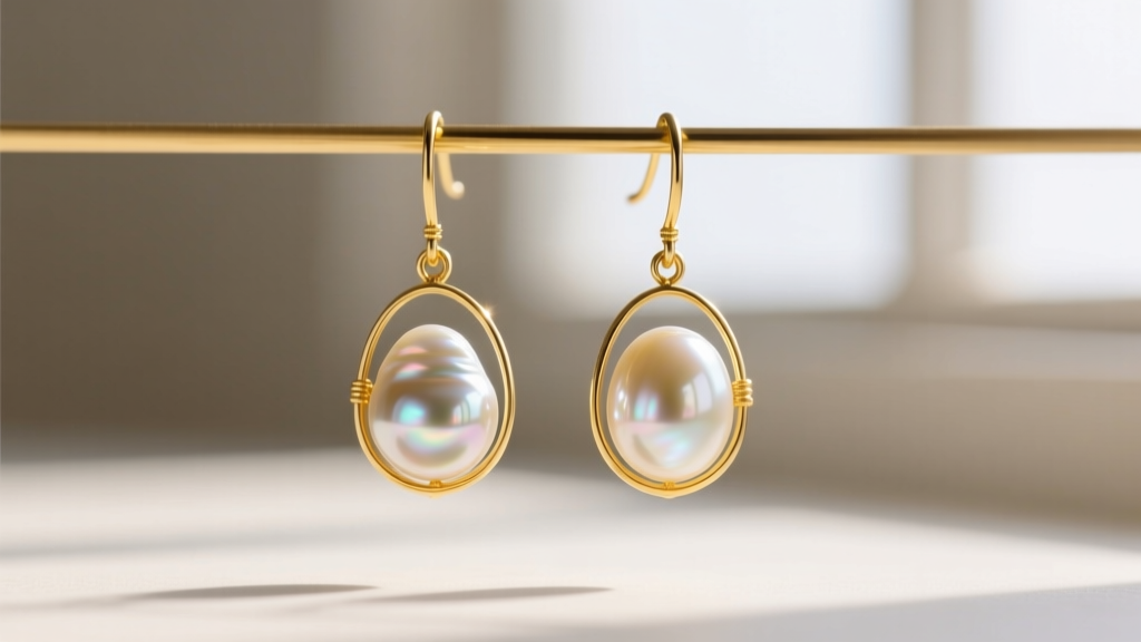 Japanese Keshi pearl earrings on 18k yellow gold wires showing the pearls' irregular baroque shapes and bright mirror-like luster