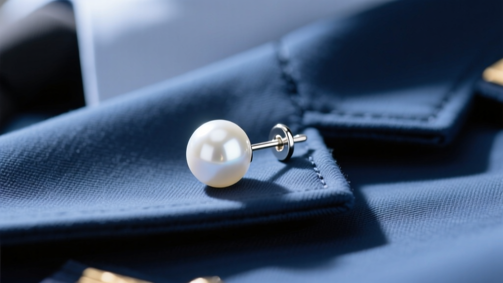 Macro photography of a 5mm white pearl earring with a silver post resting on a folded crisp navy blue military uniform fabric