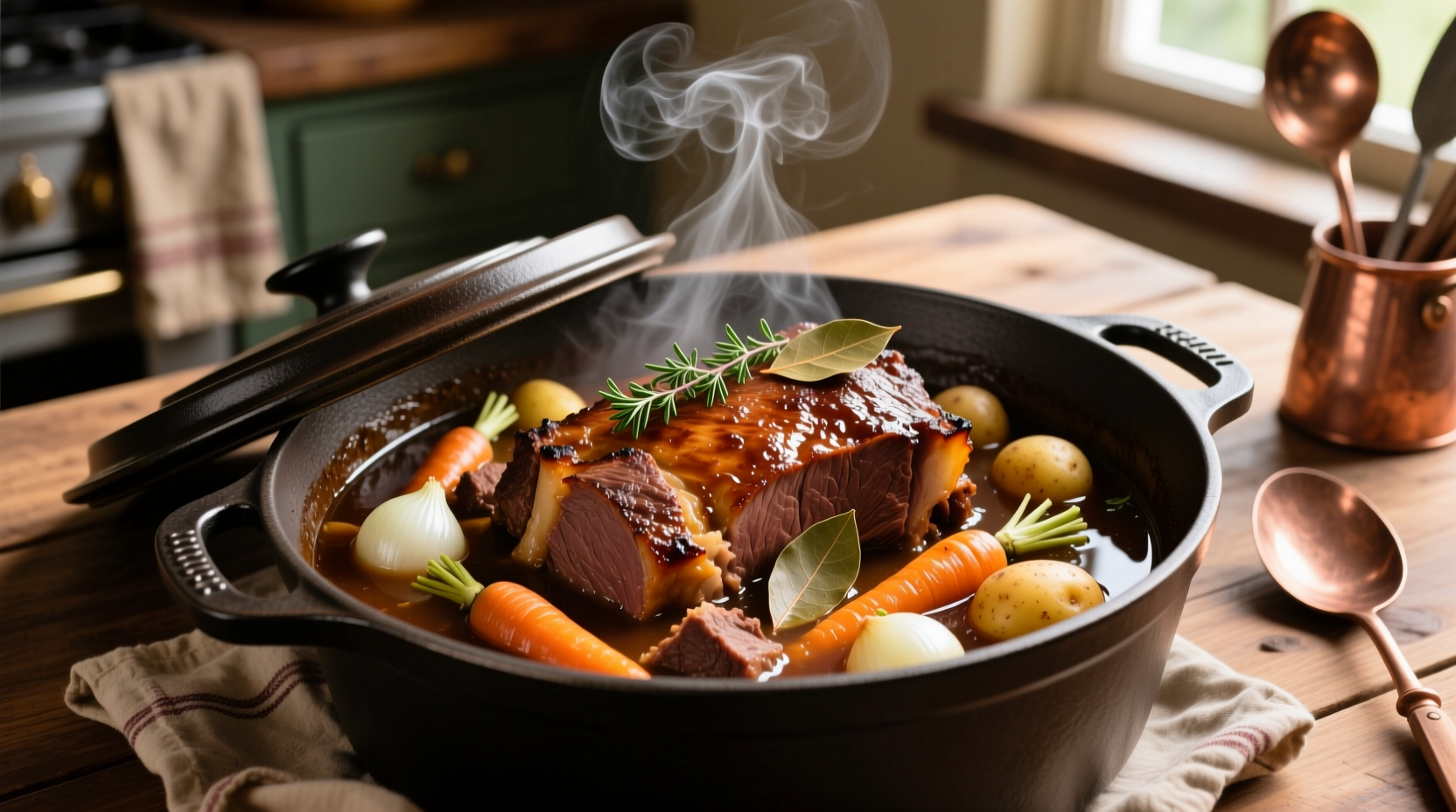 Perfectly cooked pot roast with vegetables in Dutch oven