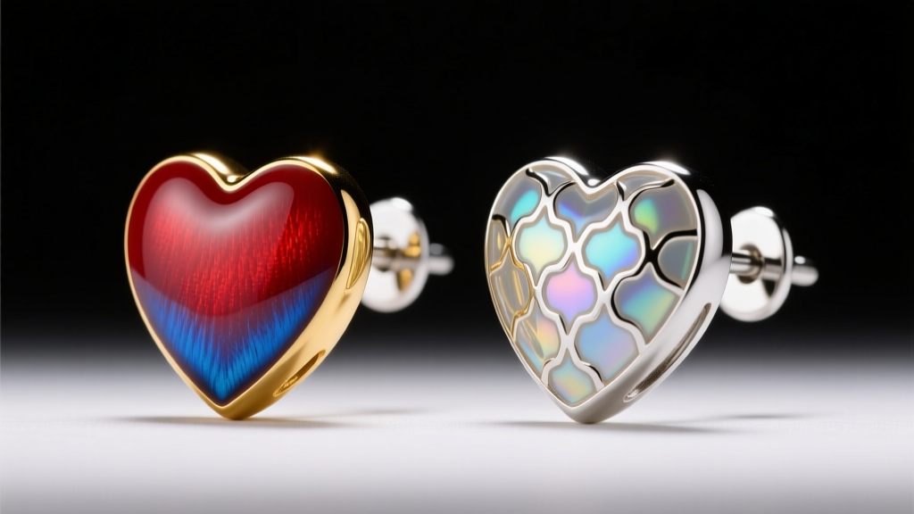 Close-up comparison of cold epoxy enamel and vitreous guilloché enamel heart earring studs under bright jewelry studio lighting