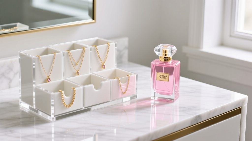 Acrylic Victoria Secret vanity organizer holding gold necklaces next to a pink perfume bottle on a bright white marble vanity top.