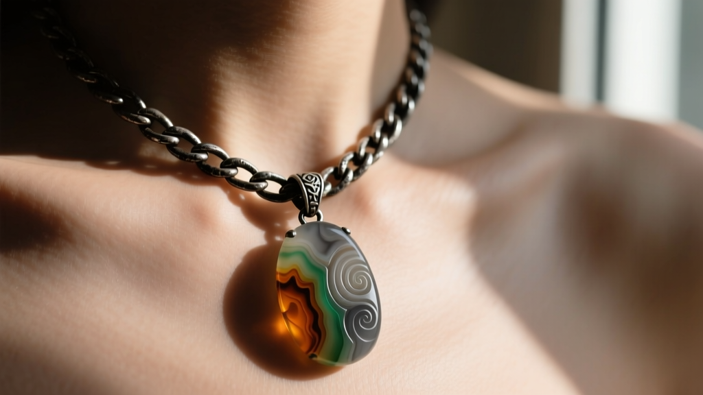 Close-up of an oxidized silver figaro chain with a vintage carved agate pendant resting on a collarbone in moody lighting.