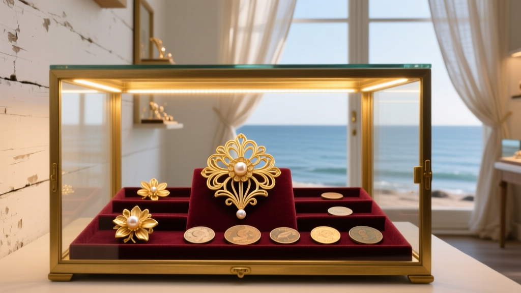 Vintage gold brooches and coins displayed in an elegant estate case, illuminated by warm LED lighting inside a coastal jewelry boutique.