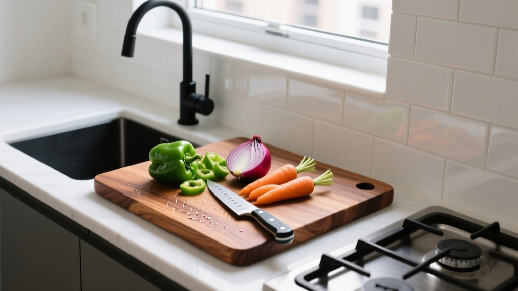 Custom-sized walnut cutting board fitting perfectly between a compact apartment sink and stove, with fresh vegetables chopped on top
