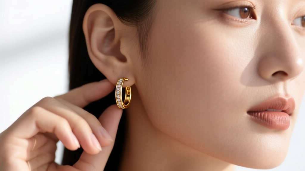 Woman holding a tiny 7.5mm gold huggie earring near her earlobe, soft natural window lighting, detailed macro jewelry photography.