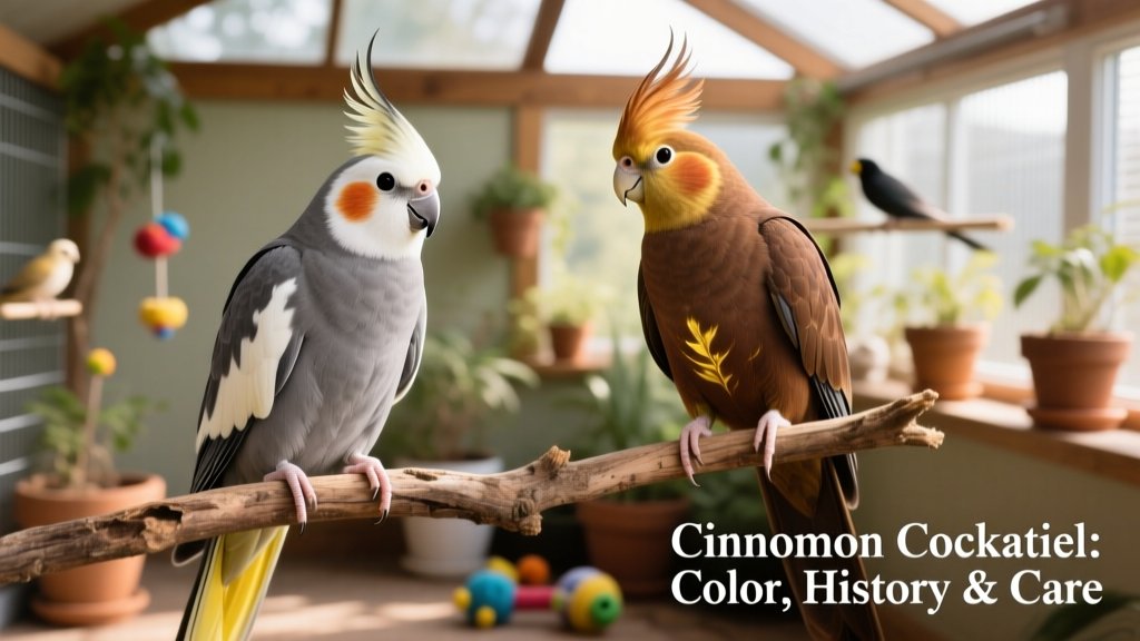 Side-by-side comparison of a standard gray cockatiel and a Cinnamon Cockatiel, highlighting the warm brown tones and yellow chest contrast