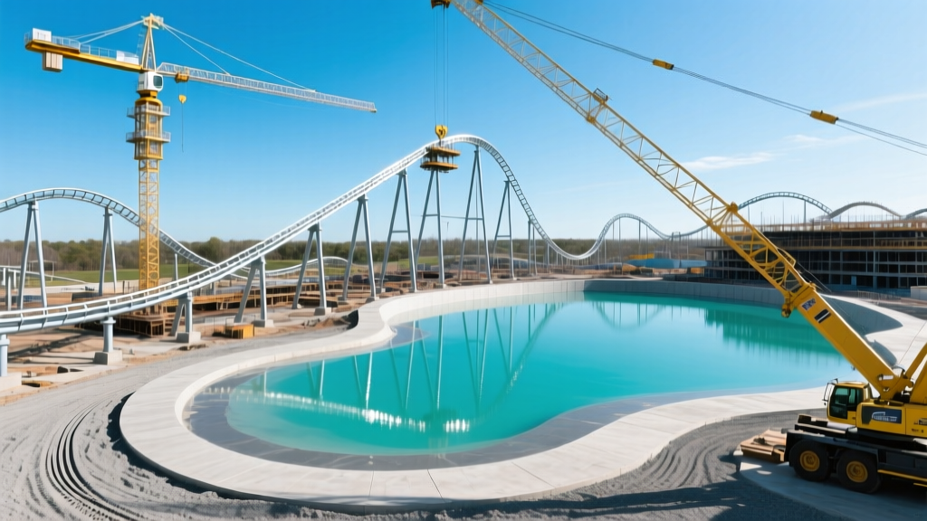 Aerial view of theme park construction with roller coaster steel tracks lifted by cranes next to a newly poured concrete lagoon