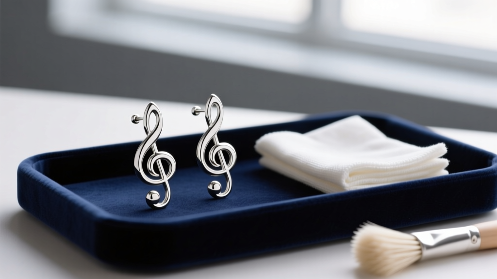 Sterling silver bass clef hoop earrings resting on a dark velvet jewelry tray next to a microfiber polishing cloth and soft brush