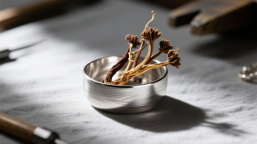 Jeweler workbench showing a raw 925 sterling silver bezel cup prepared to house a dried valerian root for a custom necklace.