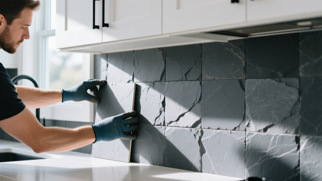 Modern kitchen backsplash featuring interlocking peel and stick stone veneer panels in slate gray being aligned by a homeowner