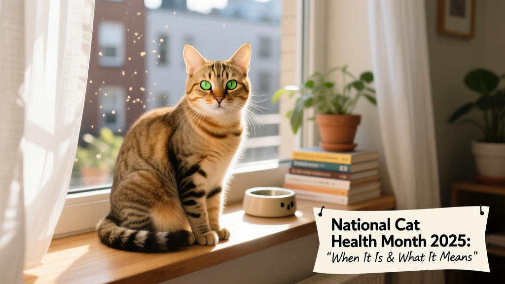 A relaxed, healthy tabby cat sitting on a sunlit windowsill, gazing calmly at the camera