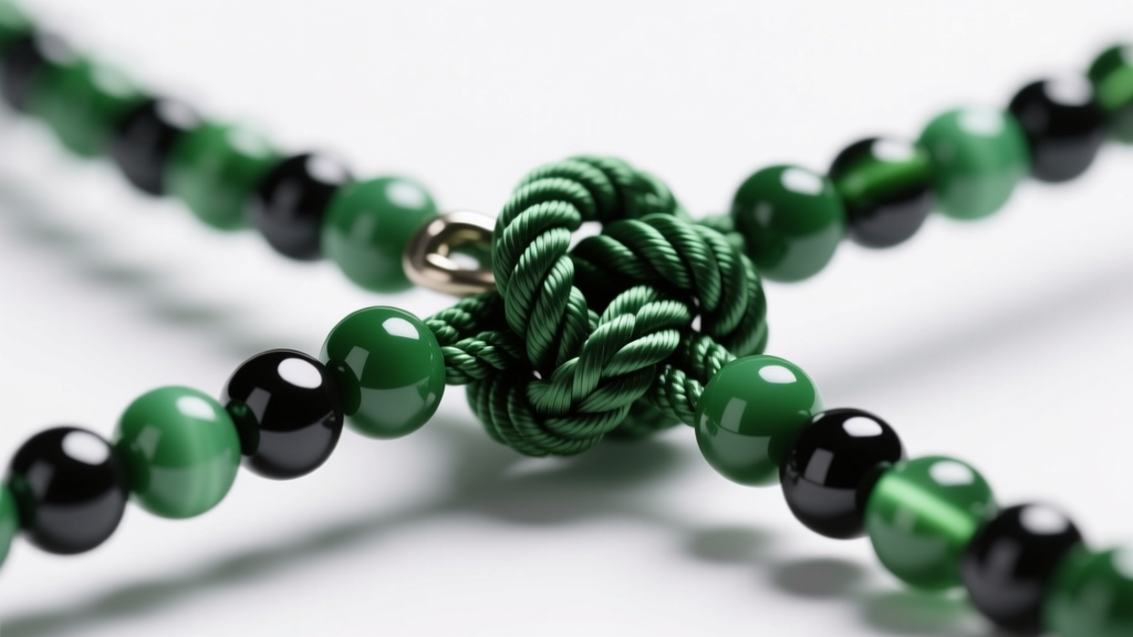 Detailed view of green and black seed beads strung on heavy-duty nylon thread, showing a secure surgeon knot at the clasp area.