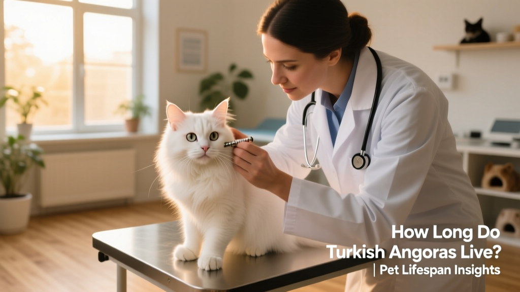 A veterinarian gently examining a Turkish Angora’s teeth and eyes during a routine wellness visit