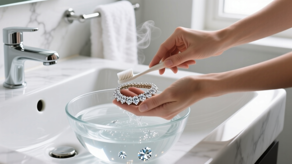 Hands gently scrubbing a fake diamond choker with a soft toothbrush in a bowl of soapy distilled water, bright bathroom lighting