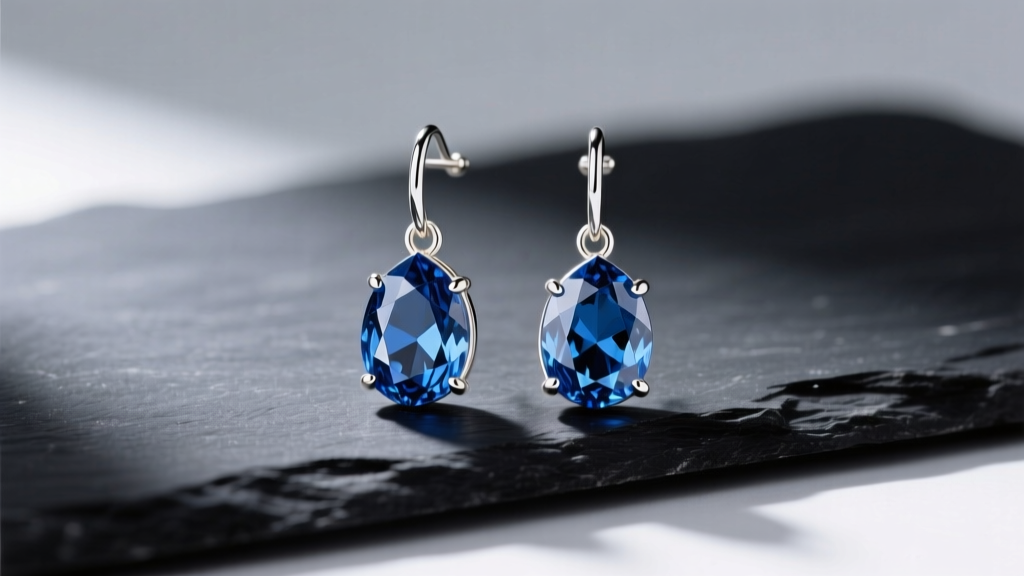 Close-up of London blue topaz drop earrings in 14k white gold, resting on dark slate under soft studio lighting, highly detailed.