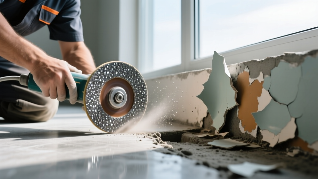 Close-up of a technician using a diamond grinding pad to repair a spalled polished concrete floor next to a peeling epoxy coating