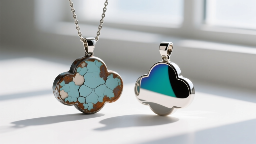 Macro shot comparing a peeling zinc alloy Akatsuki cloud pendant next to a pristine hard enamel stainless steel replica.
