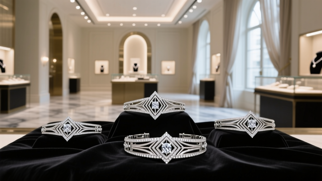 Art Deco diamond and platinum bracelets on dark velvet under soft focused gallery lighting in a luxury estate jewelry showroom