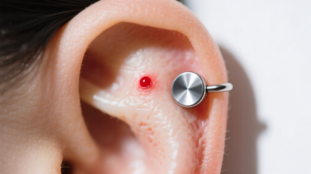 Macro photo of a healing ear cartilage piercing showing a small red irritation bump beside an implant-grade titanium flat back.