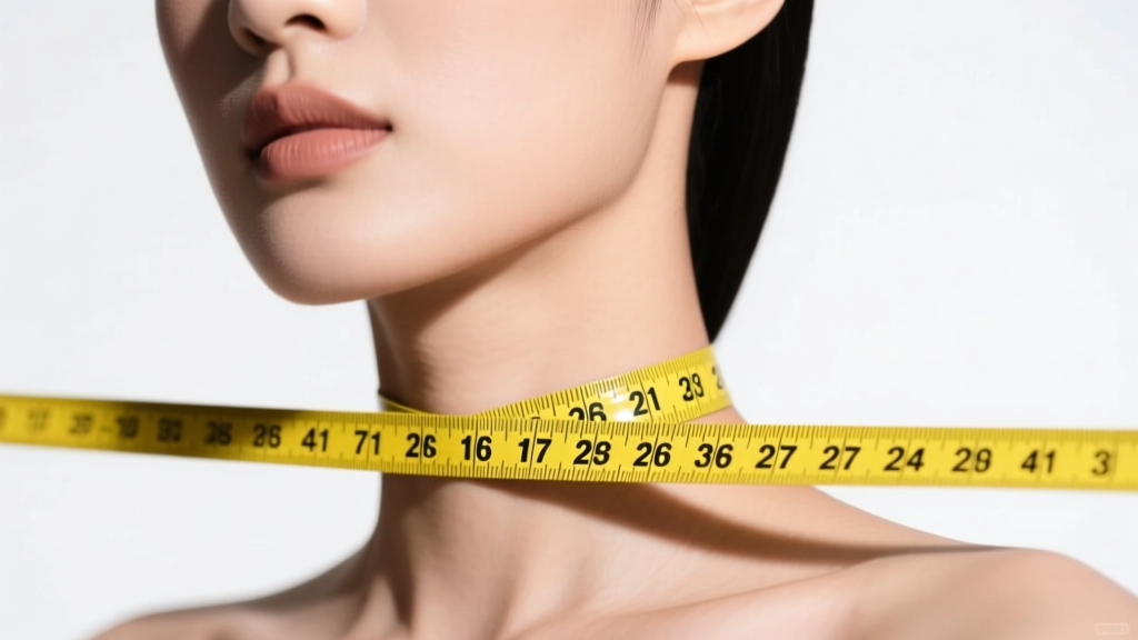 Yellow measuring tape wrapped around a neck to find choker length, bright studio lighting, clear focus on the measurement numbers